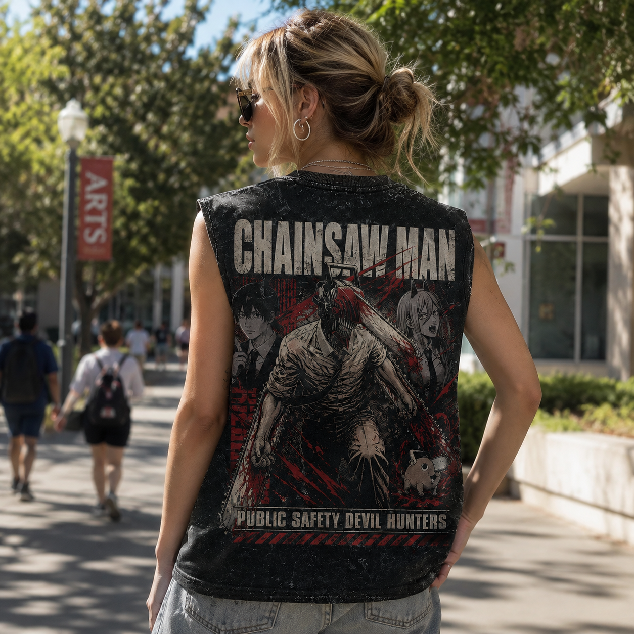 Washed black tank top with Denji, Aki Hayakawa, Power Chainsaw Man Devil Hunters Trio graphic – photo 3