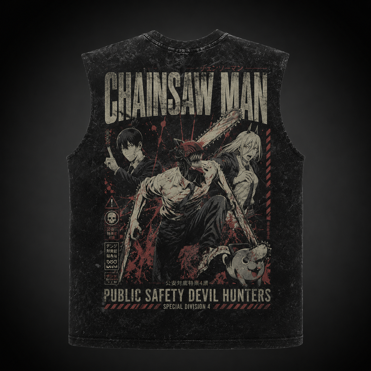 Washed black tank top with Denji, Aki Hayakawa, Power Chainsaw Man Special Division Four graphic – photo 1