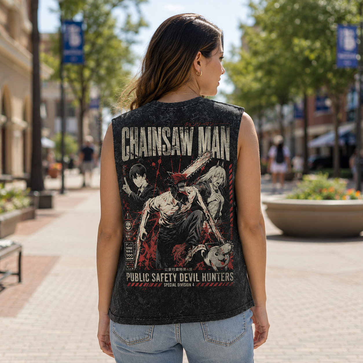 Washed black tank top with Denji, Aki Hayakawa, Power Chainsaw Man Special Division Four graphic – photo 3