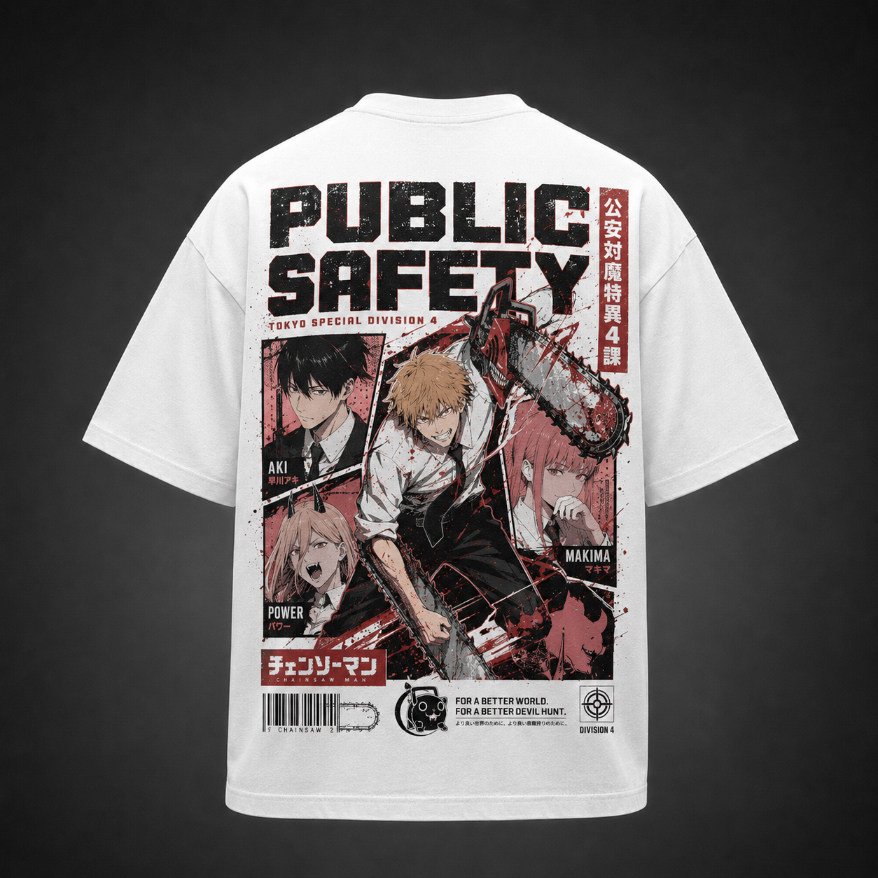 White t-shirt with Denji, Aki, Power & Makima Chainsaw Man Division Four graphic – photo 1