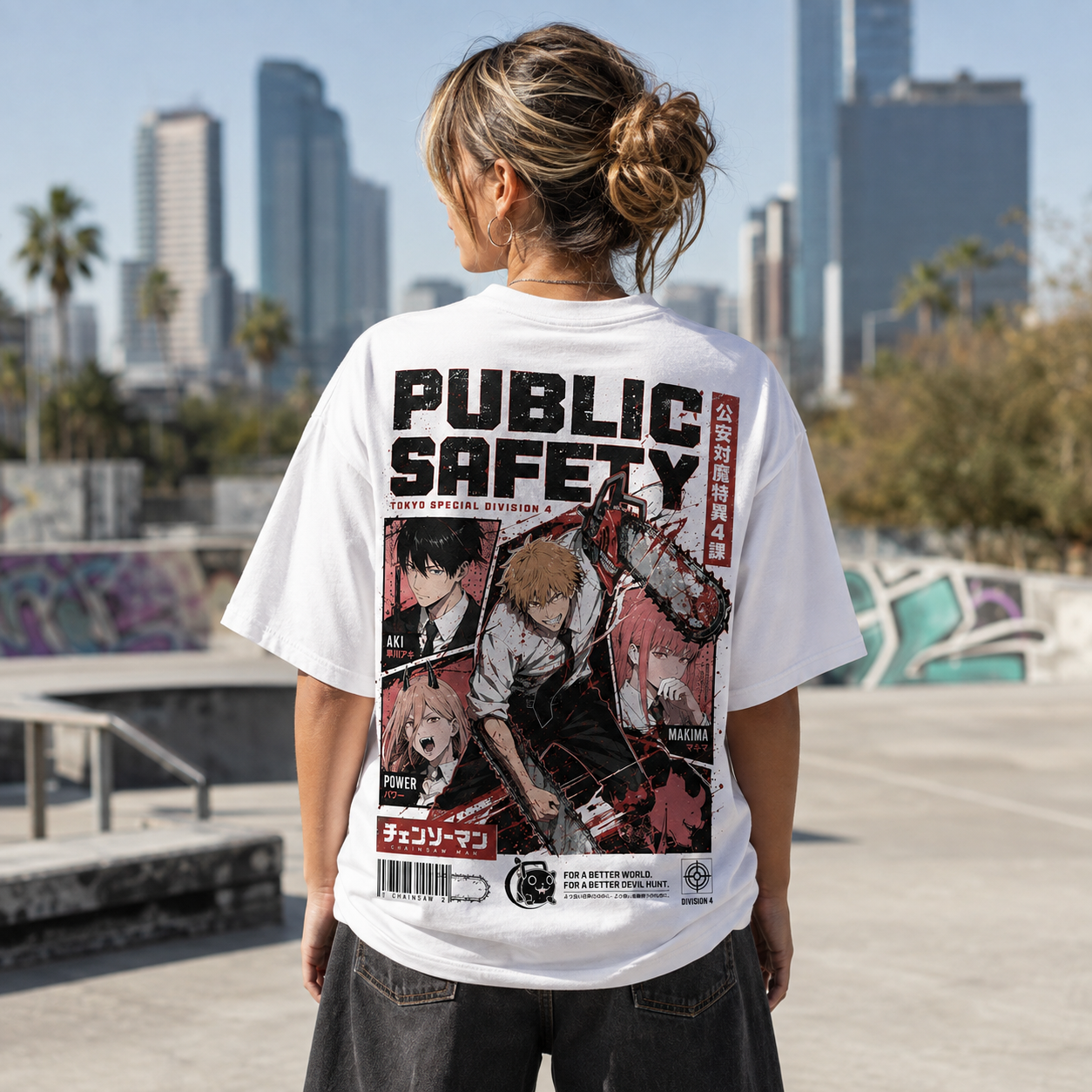 White t-shirt with Denji, Aki, Power & Makima Chainsaw Man Division Four graphic – photo 3