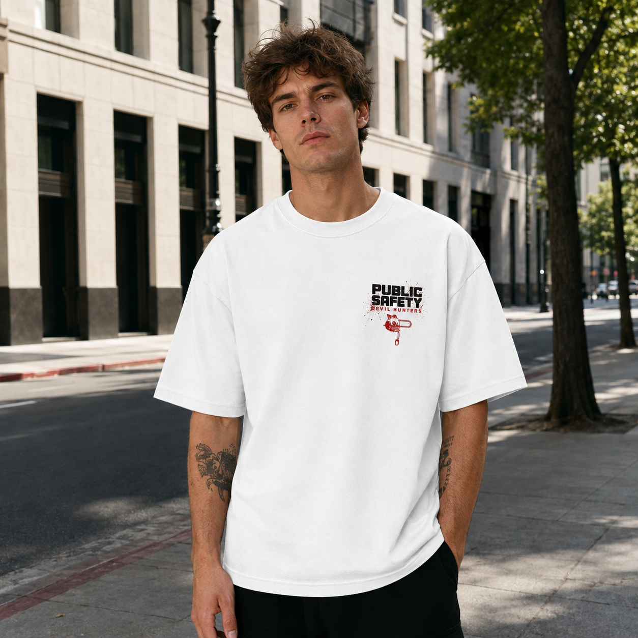 White t-shirt with Denji, Aki, Power & Makima Chainsaw Man Division Four graphic – photo 4