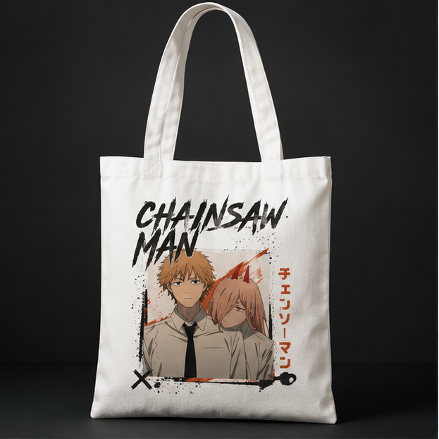 Natural tote bag with Denji and Power (Chainsaw Man) Denji And Power graphic – photo 1