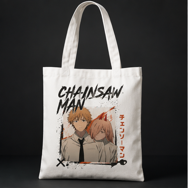 Natural tote bag with Denji and Power (Chainsaw Man) Denji And Power graphic – photo 1