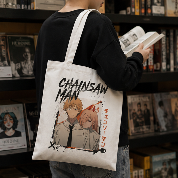 Natural tote bag with Denji and Power (Chainsaw Man) Denji And Power graphic – photo 2