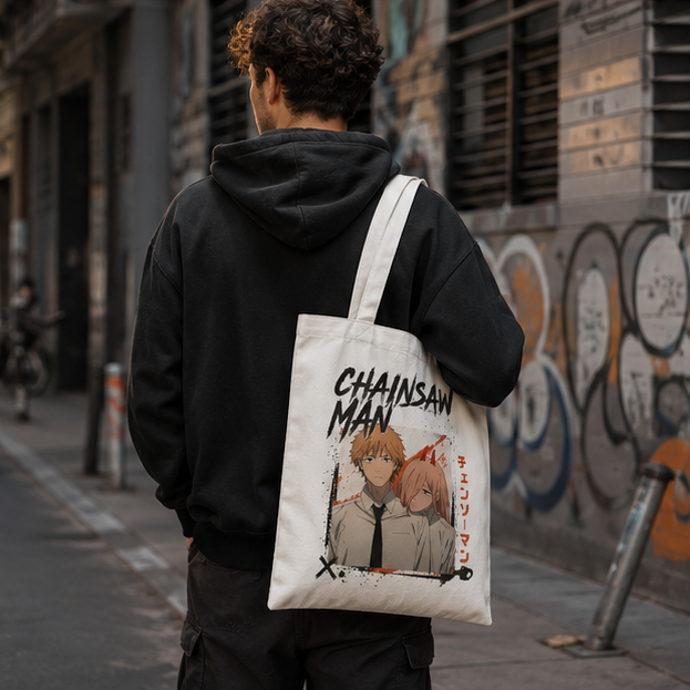 Natural tote bag with Denji and Power (Chainsaw Man) Denji And Power graphic – photo 4