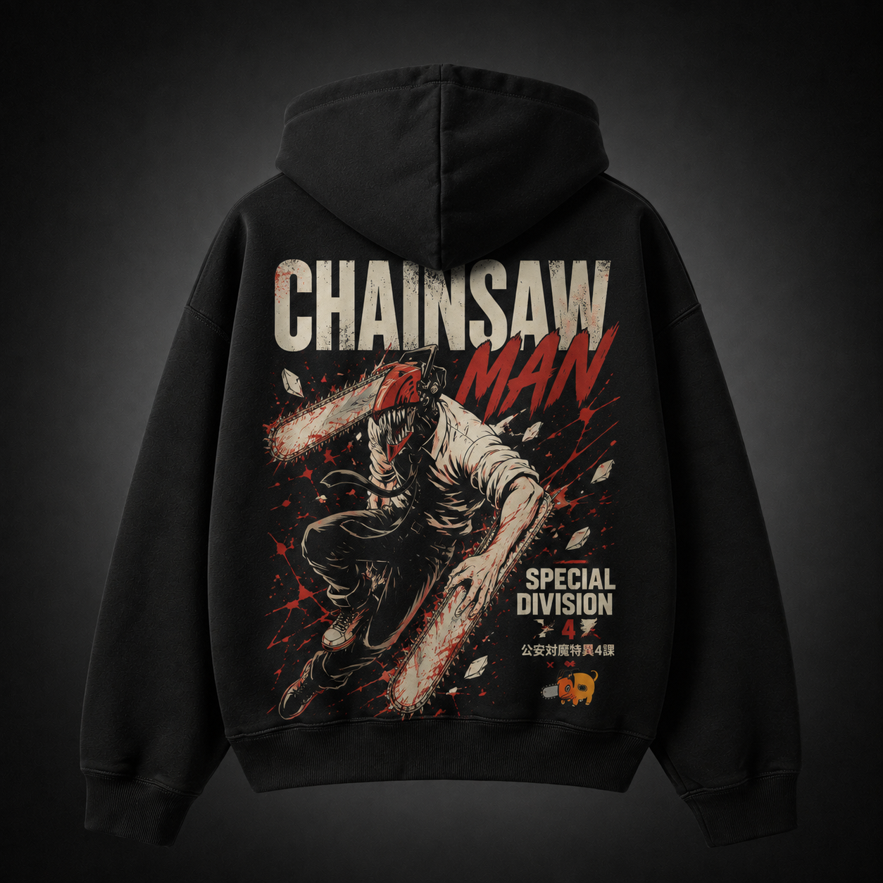 Black hoodie with Denji (Chainsaw Man) Blood Splatter Charge graphic – photo 1