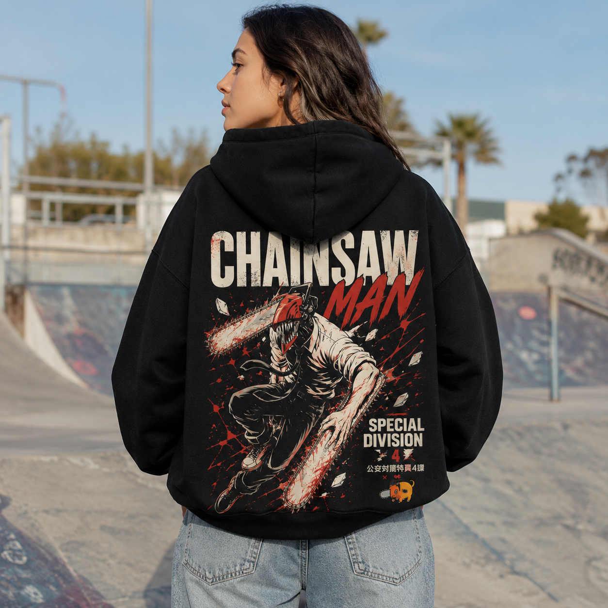 Black hoodie with Denji (Chainsaw Man) Blood Splatter Charge graphic – photo 3