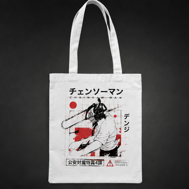 Natural tote bag with Denji (Chainsaw Man) Chensoman Manga Grid graphic – photo 1