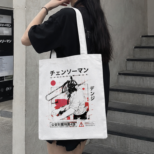 Natural tote bag with Denji (Chainsaw Man) Chensoman Manga Grid graphic – photo 2