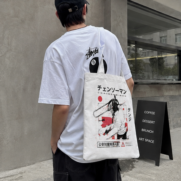 Natural tote bag with Denji (Chainsaw Man) Chensoman Manga Grid graphic – photo 3