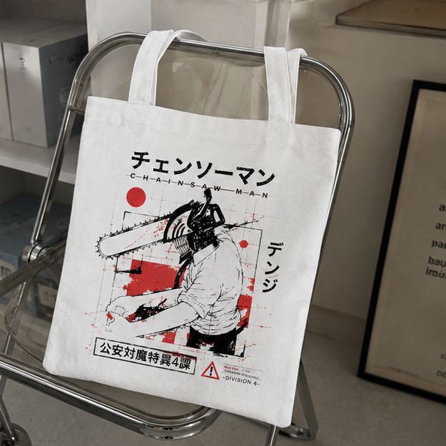 Natural tote bag with Denji (Chainsaw Man) Chensoman Manga Grid graphic – photo 4