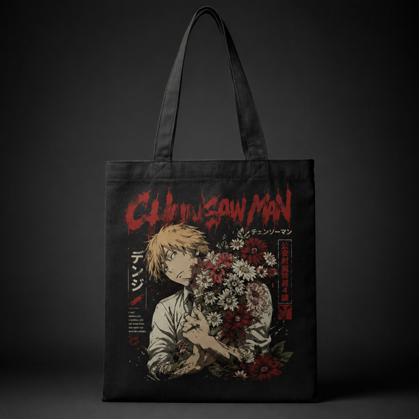 Black tote bag with Denji (Chainsaw Man) Denji Bouquet graphic – photo 1