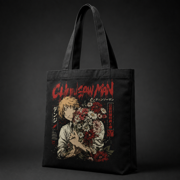 Black tote bag with Denji (Chainsaw Man) Denji Bouquet graphic – photo 2