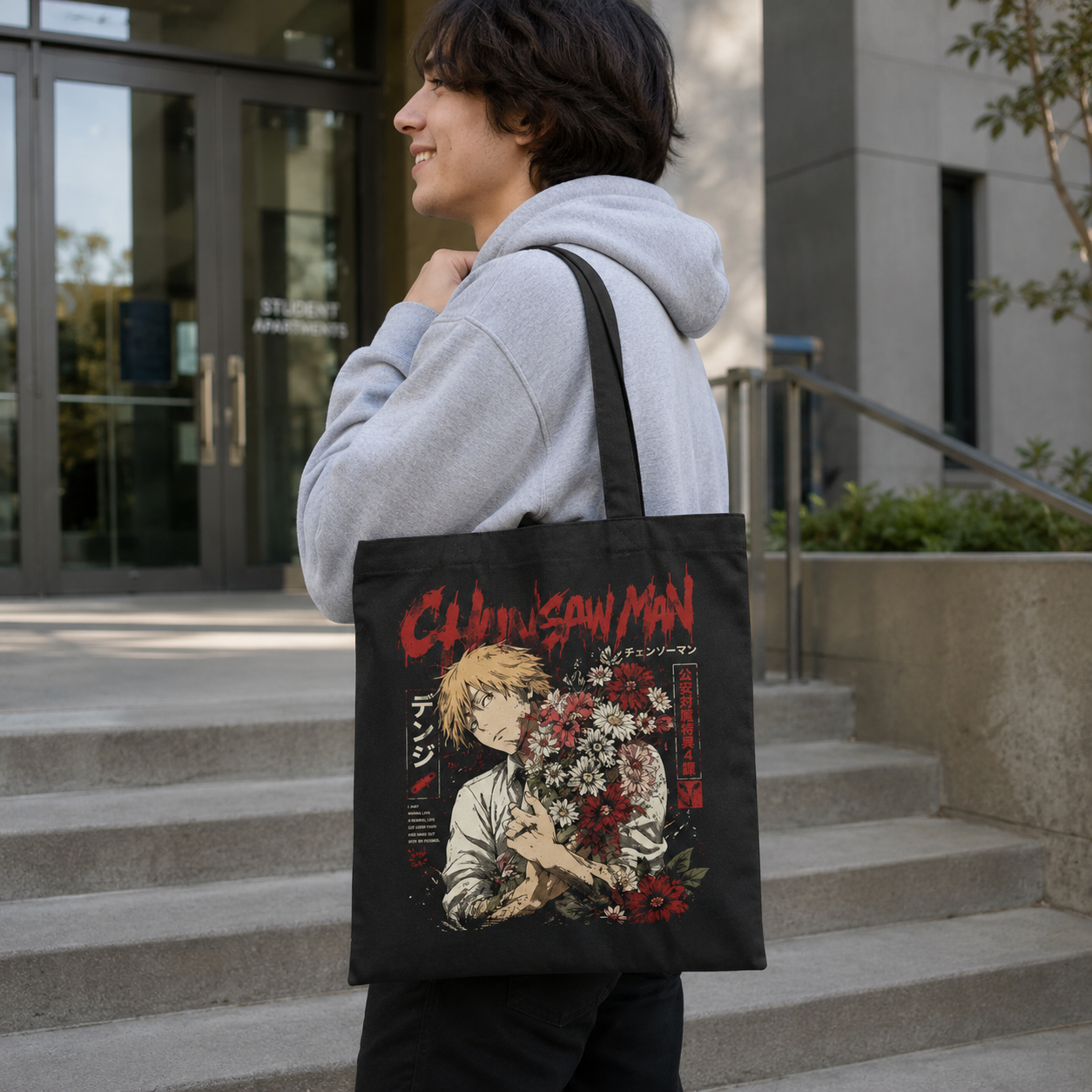 Black tote bag with Denji (Chainsaw Man) Denji Bouquet graphic – photo 3