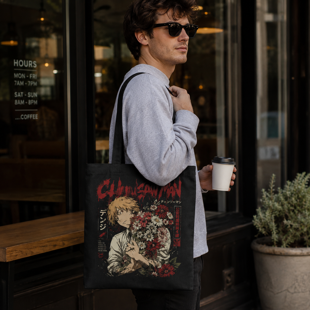 Black tote bag with Denji (Chainsaw Man) Denji Bouquet graphic – photo 4