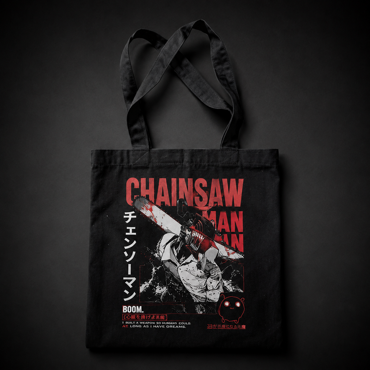 Black tote bag with Denji (Chainsaw Man), Pochita Boom Chainsaw graphic – photo 1