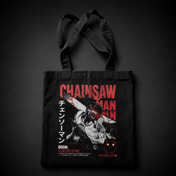 Black tote bag with Denji (Chainsaw Man), Pochita Boom Chainsaw graphic – photo 1