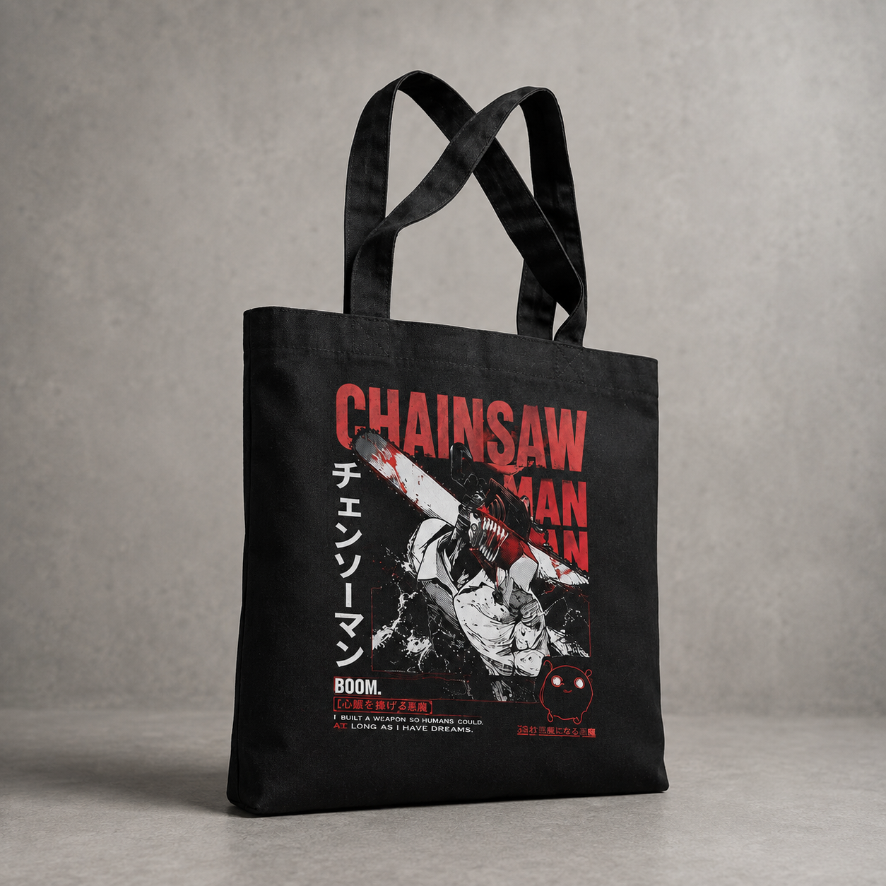 Black tote bag with Denji (Chainsaw Man), Pochita Boom Chainsaw graphic – photo 2