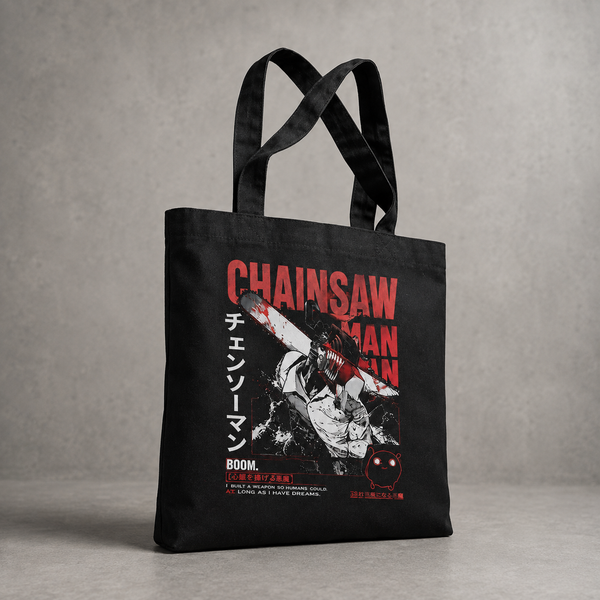 Black tote bag with Denji (Chainsaw Man), Pochita Boom Chainsaw graphic – photo 2