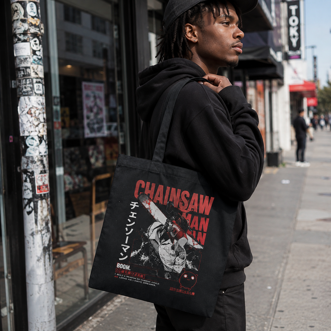 Black tote bag with Denji (Chainsaw Man), Pochita Boom Chainsaw graphic – photo 3
