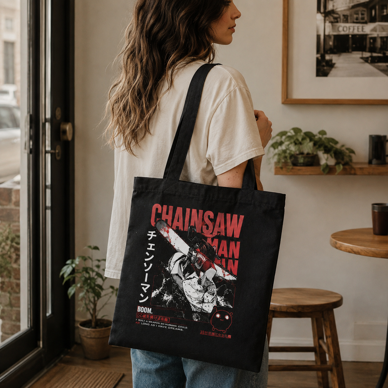 Black tote bag with Denji (Chainsaw Man), Pochita Boom Chainsaw graphic – photo 4