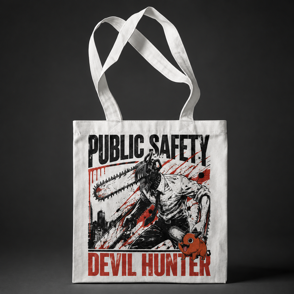Natural tote bag with Denji (Chainsaw Man), Pochita Devil Hunter Skyline graphic – photo 1