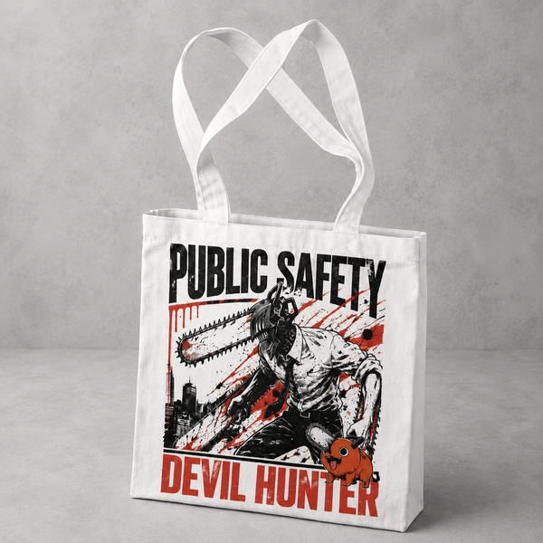 Natural tote bag with Denji (Chainsaw Man), Pochita Devil Hunter Skyline graphic – photo 2