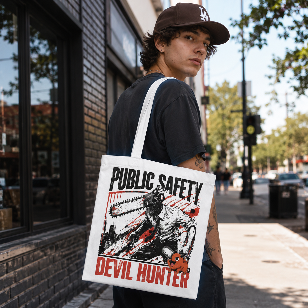 Natural tote bag with Denji (Chainsaw Man), Pochita Devil Hunter Skyline graphic – photo 3