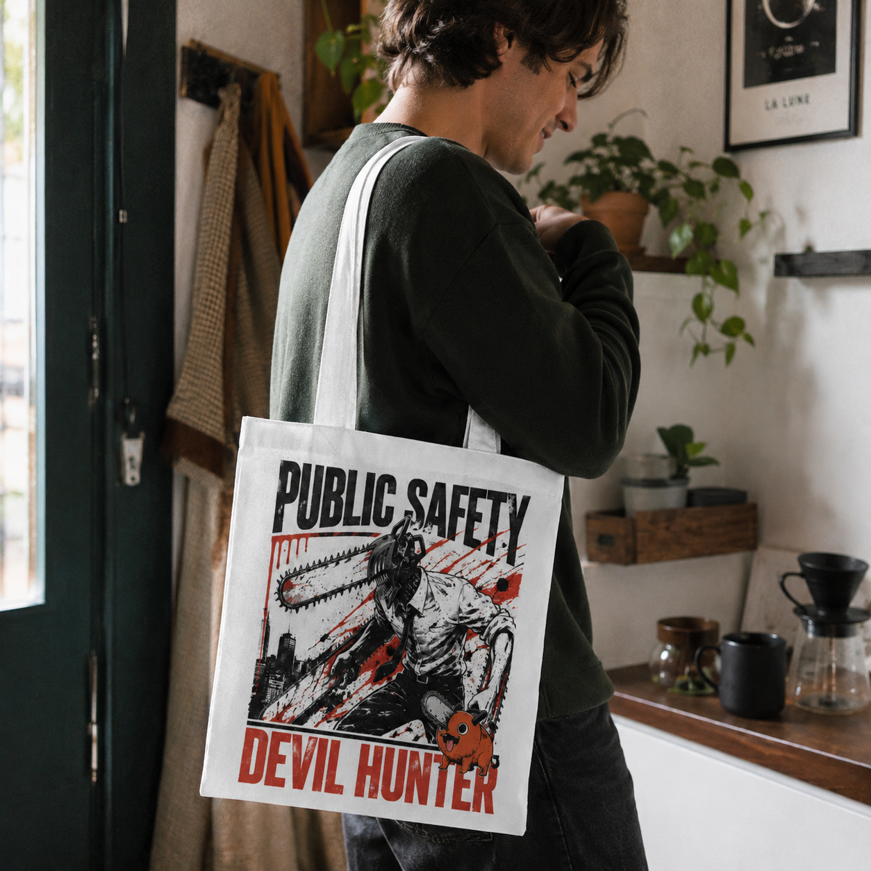 Natural tote bag with Denji (Chainsaw Man), Pochita Devil Hunter Skyline graphic – photo 4