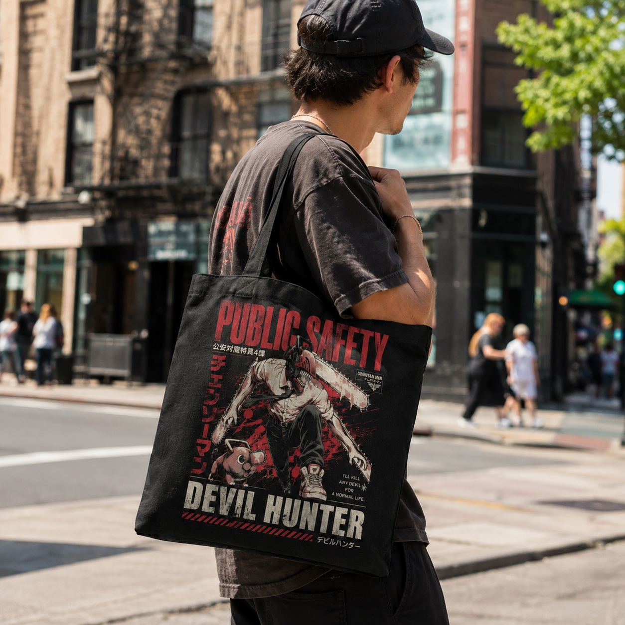 Black tote bag with Denji (Chainsaw Man), Pochita Kill Any Devil graphic – photo 3
