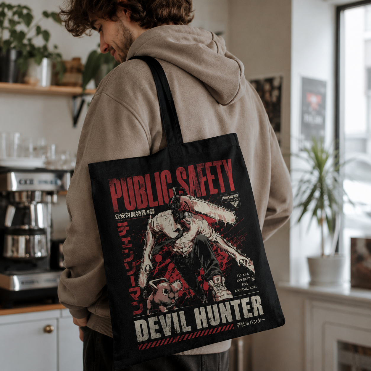 Black tote bag with Denji (Chainsaw Man), Pochita Kill Any Devil graphic – photo 4
