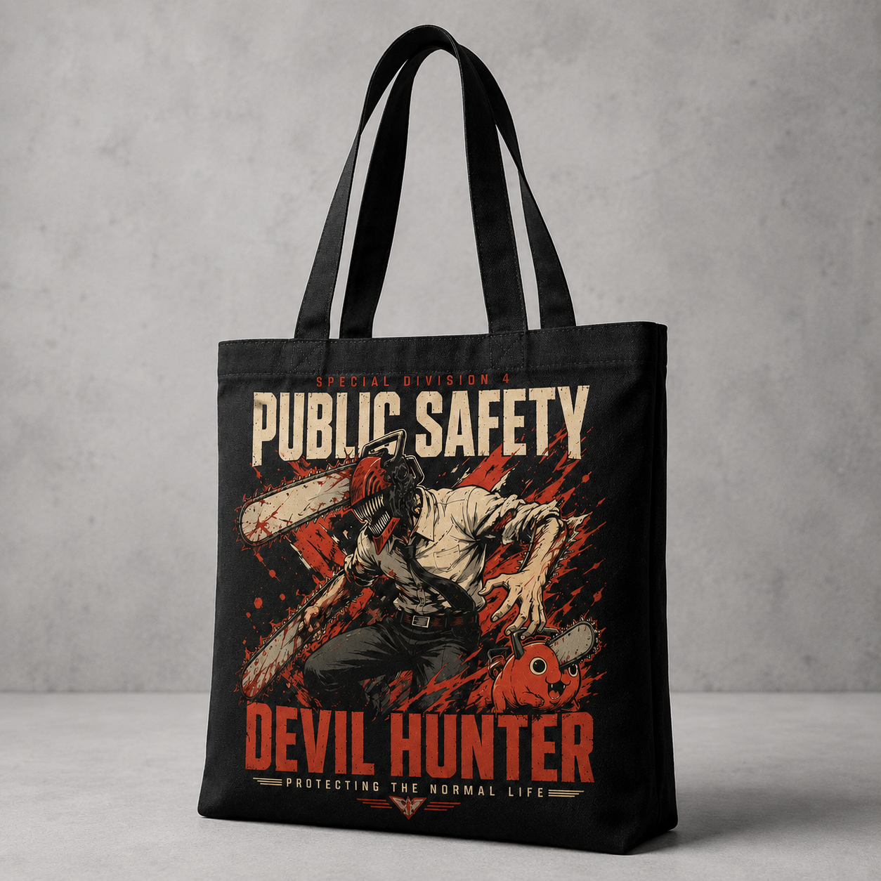 Black tote bag with Denji (Chainsaw Man), Pochita Public Safety Rush graphic – photo 2
