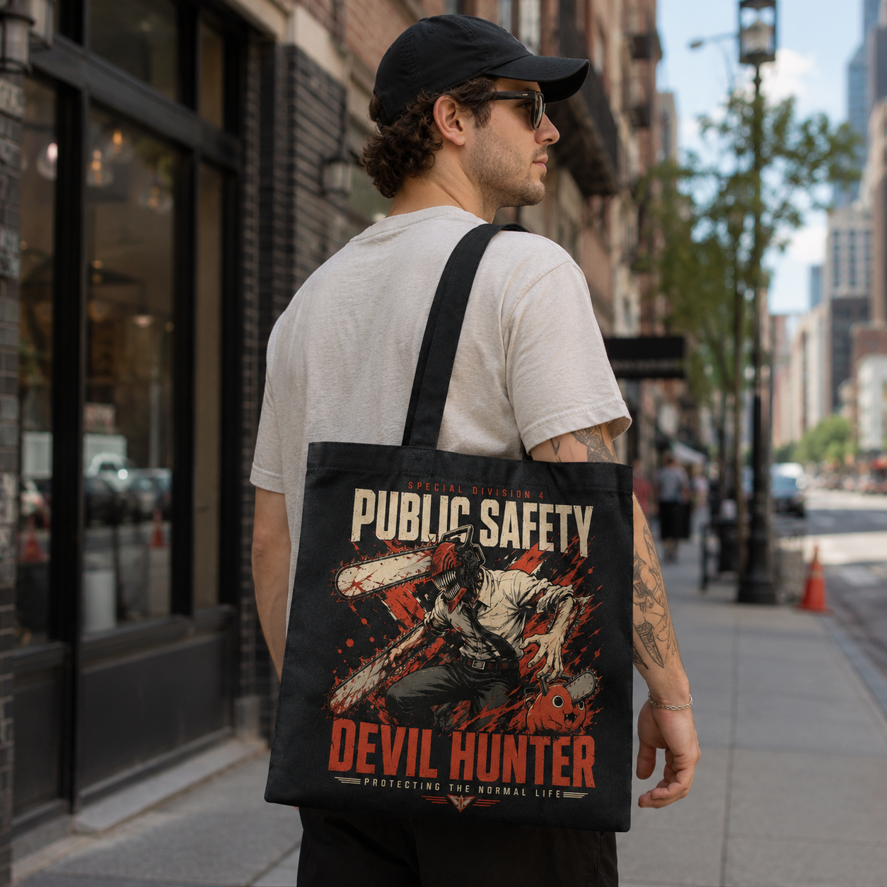 Black tote bag with Denji (Chainsaw Man), Pochita Public Safety Rush graphic – photo 3