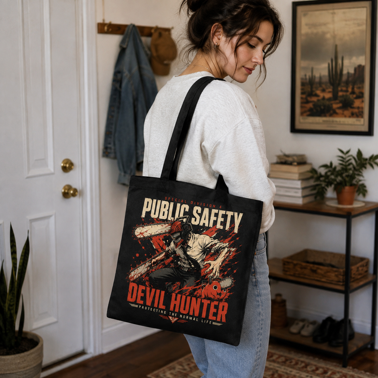 Black tote bag with Denji (Chainsaw Man), Pochita Public Safety Rush graphic – photo 4