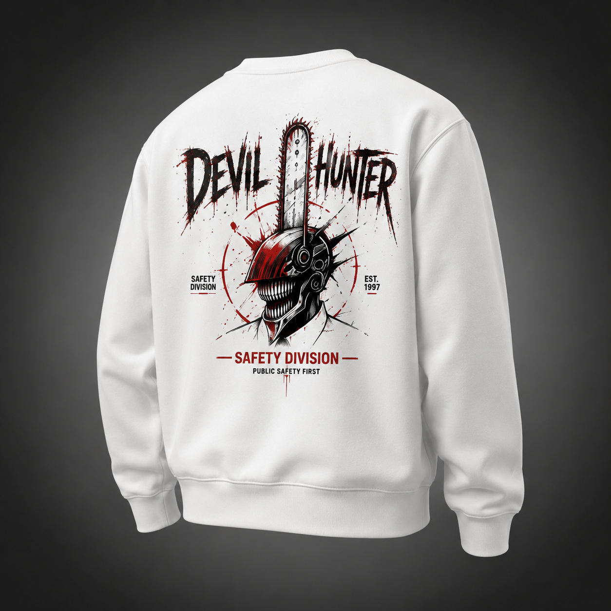 White sweatshirt with Denji (Chainsaw Man) Safety First graphic – photo 1