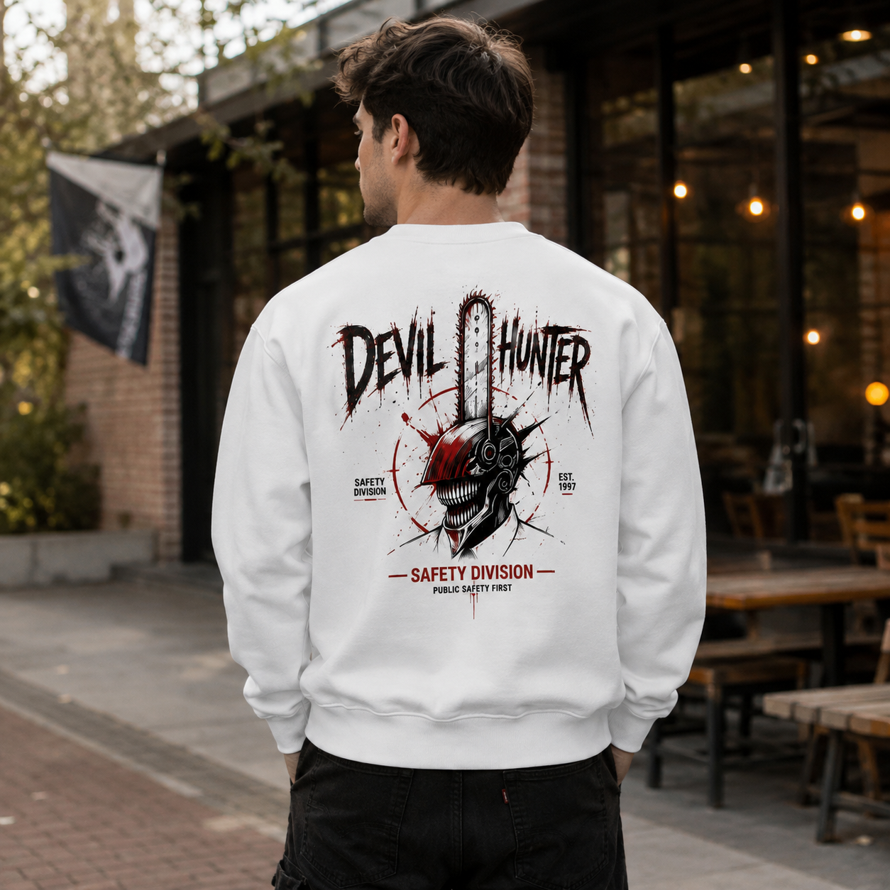 White sweatshirt with Denji (Chainsaw Man) Safety First graphic – photo 3