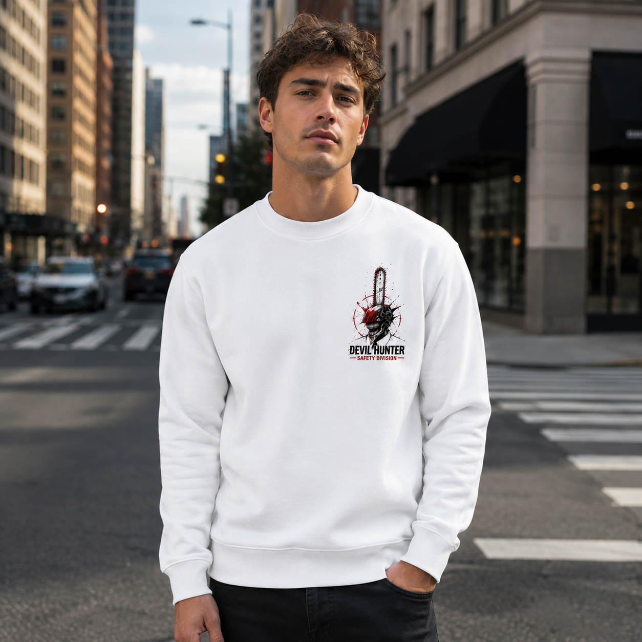 White sweatshirt with Denji (Chainsaw Man) Safety First graphic – photo 4