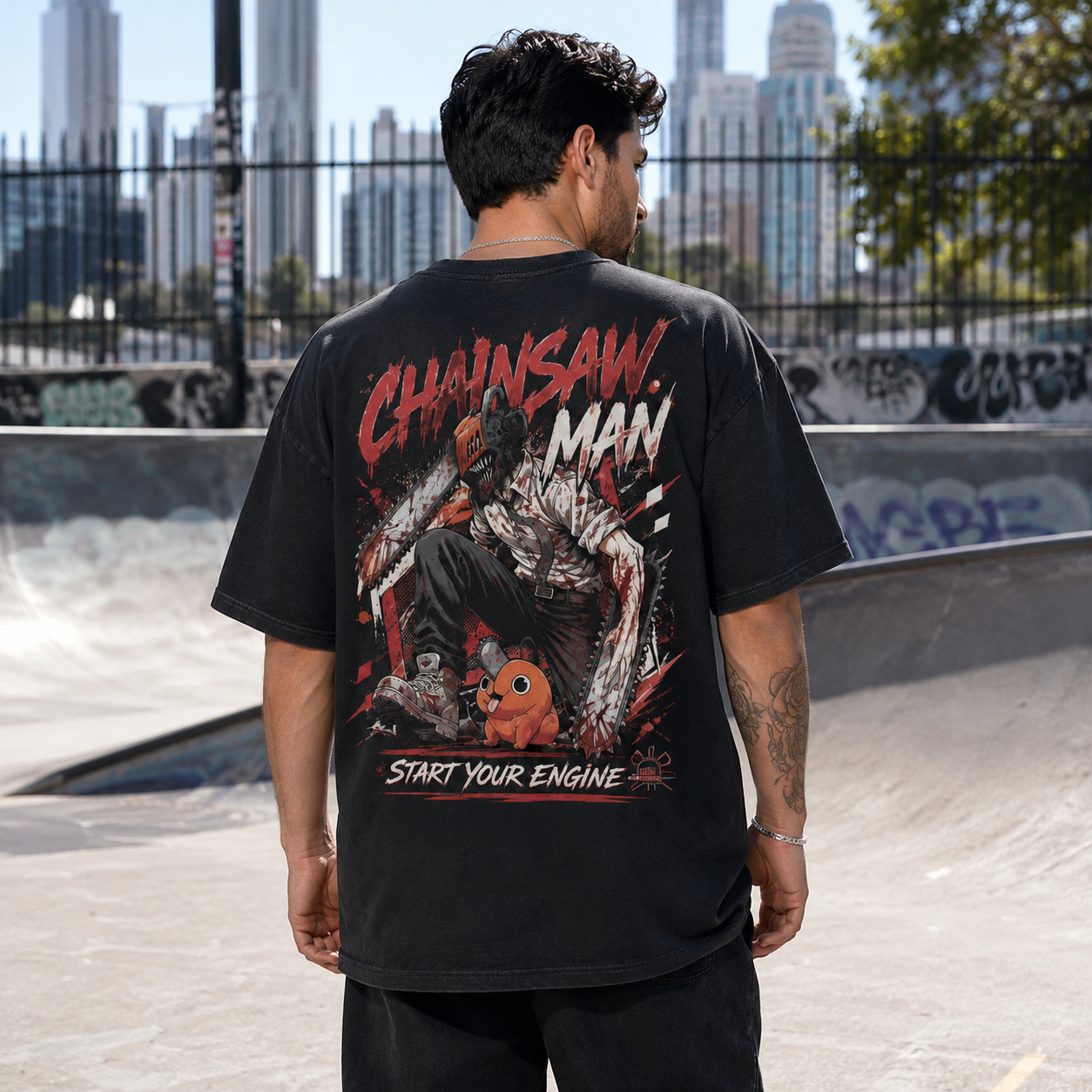 Black t-shirt with Denji Chainsaw Man Start Your Engine graphic – photo 3