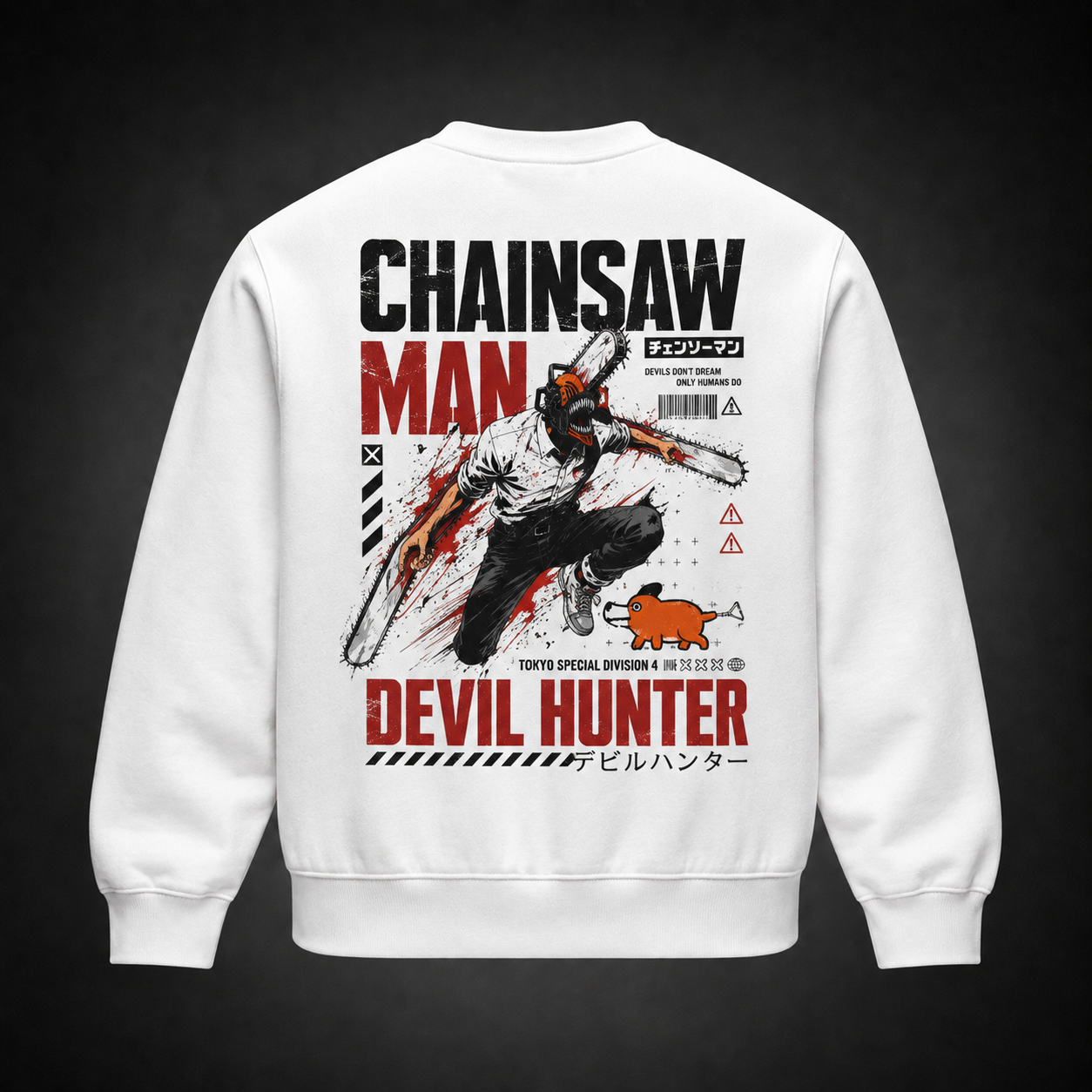 White sweatshirt with Denji, Pochita Chainsaw Man Tokyo Division graphic – photo 1