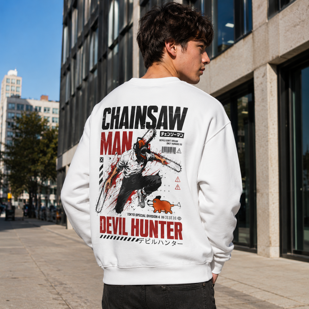 White sweatshirt with Denji, Pochita Chainsaw Man Tokyo Division graphic – photo 3