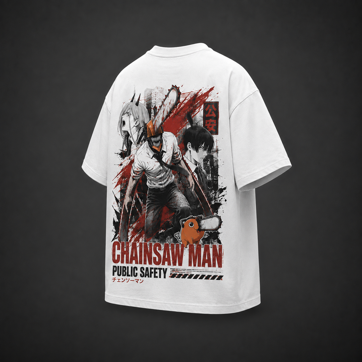 White t-shirt with Denji, Power & Aki Chainsaw Man Public Safety Squad graphic – photo 1