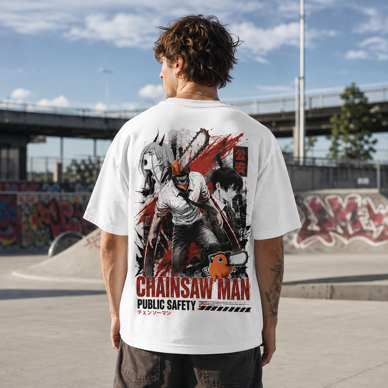 White t-shirt with Denji, Power & Aki Chainsaw Man Public Safety Squad graphic – photo 3