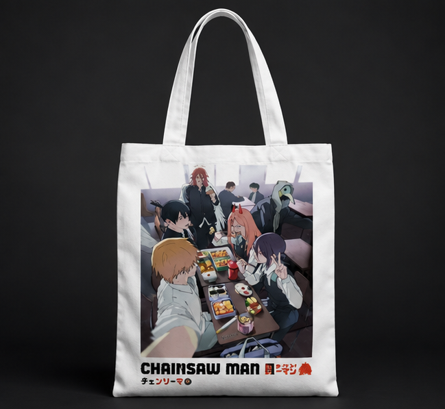 Natural tote bag with Denji, Power, Aki Hayakawa, Angel Devil (Chainsaw Man) Bento Hangout graphic – photo 1