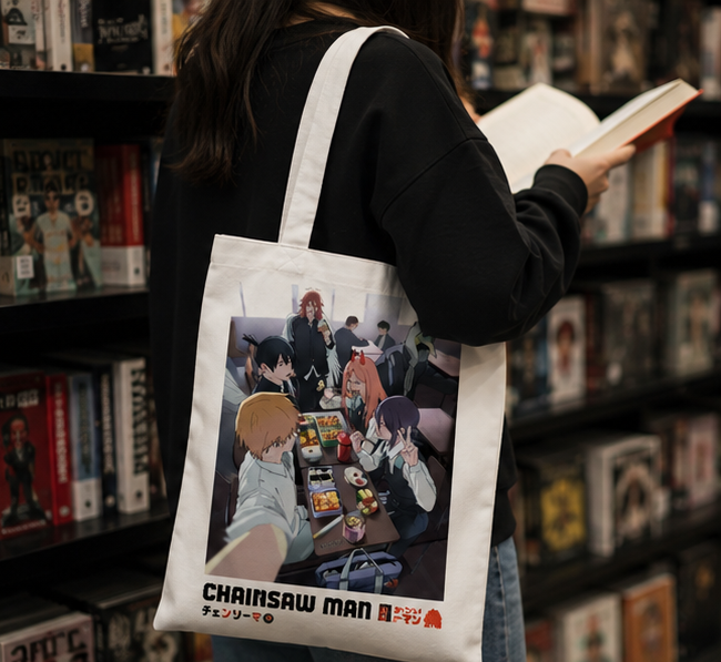 Natural tote bag with Denji, Power, Aki Hayakawa, Angel Devil (Chainsaw Man) Bento Hangout graphic – photo 2