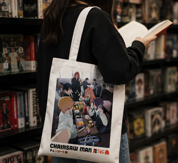 Natural tote bag with Denji, Power, Aki Hayakawa, Angel Devil (Chainsaw Man) Bento Hangout graphic – photo 2