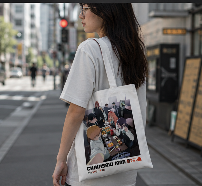 Natural tote bag with Denji, Power, Aki Hayakawa, Angel Devil (Chainsaw Man) Bento Hangout graphic – photo 3