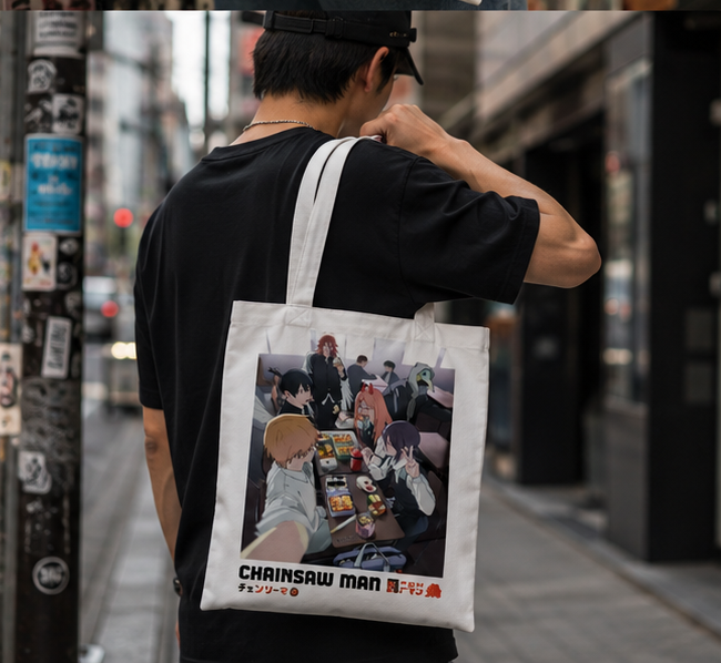 Natural tote bag with Denji, Power, Aki Hayakawa, Angel Devil (Chainsaw Man) Bento Hangout graphic – photo 4