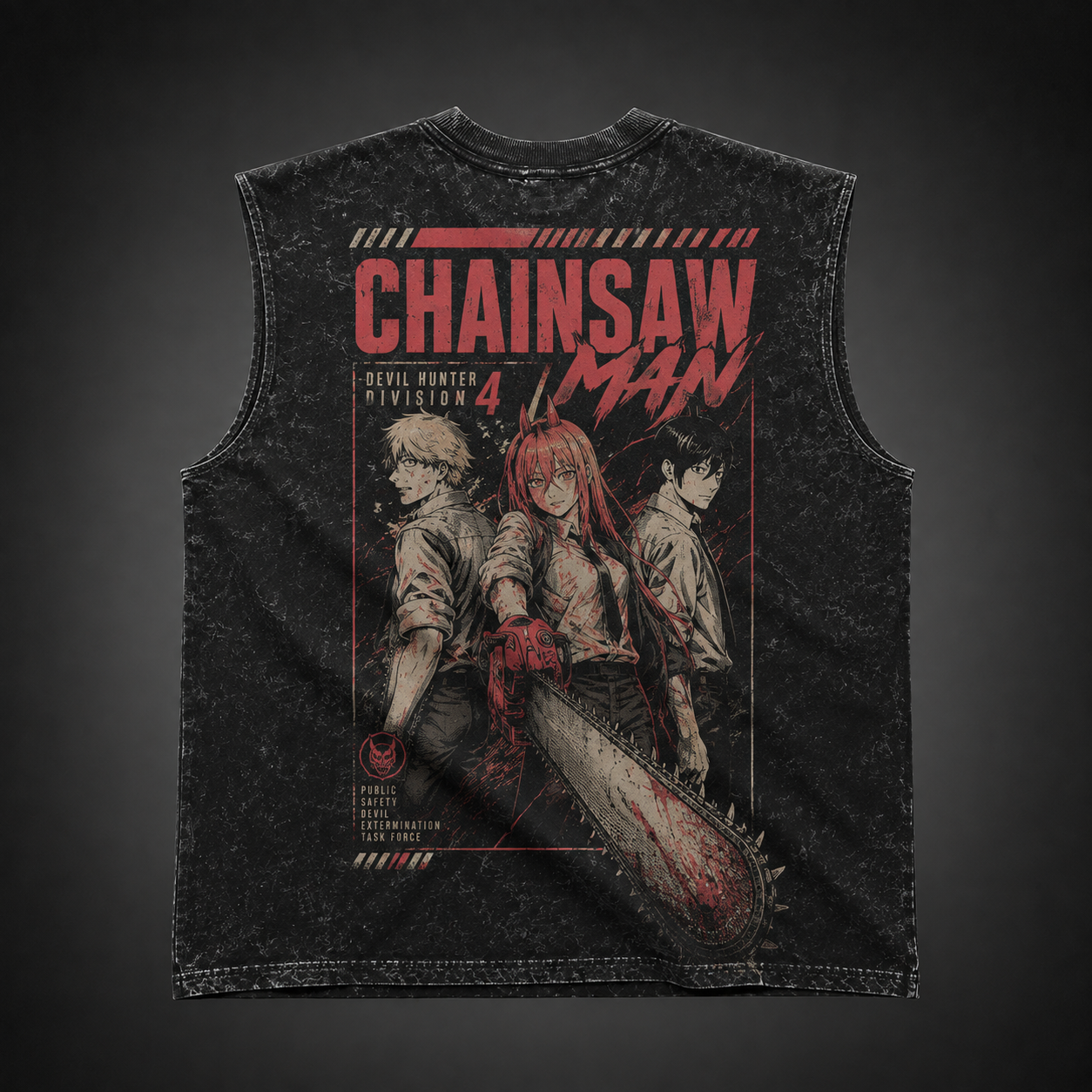Washed black tank top with Denji, Power, Aki Hayakawa Chainsaw Man Extermination Squad graphic – photo 1
