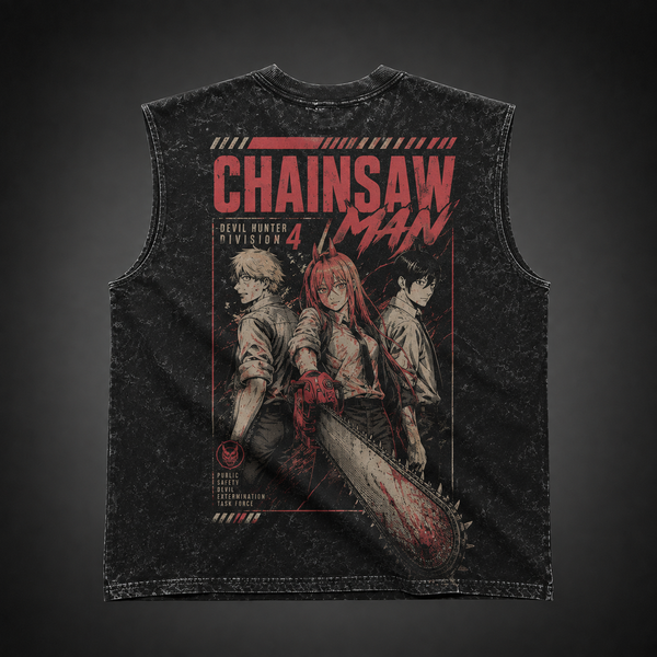 Washed black tank top with Denji, Power, Aki Hayakawa Chainsaw Man Extermination Squad graphic – photo 1